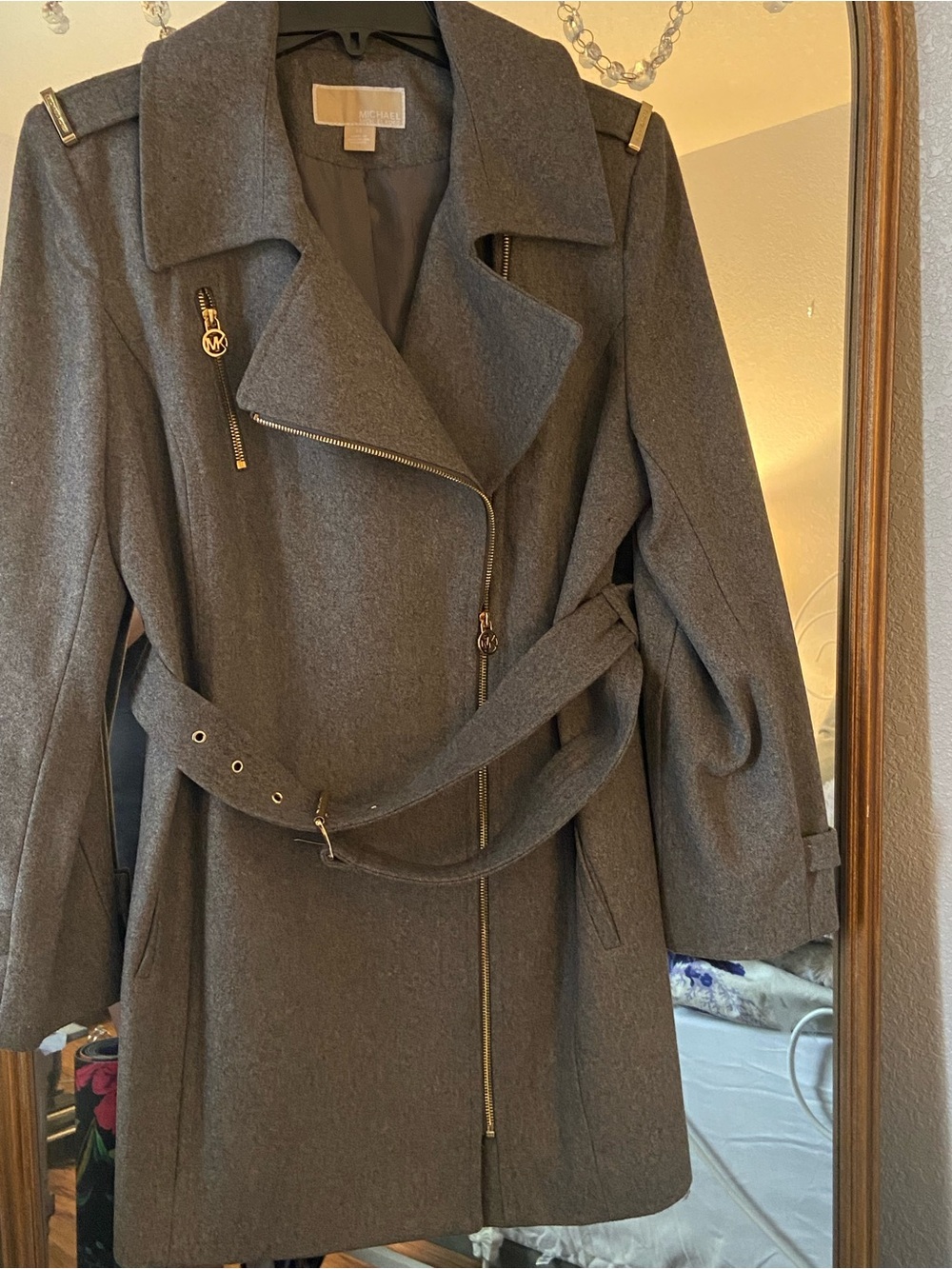 Michael Kors Dark Gray Wool-Blend Belted Trench Coat